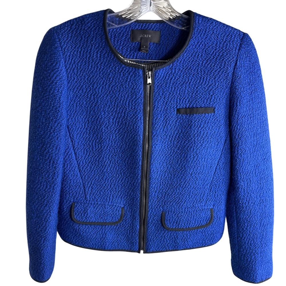 J.Crew Womens Royal Blue Textured Tweed Collarless Zip Front Lady Jacket Size 6